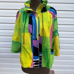 Bright Colourful Blazer Jacke Color Block Art Rhinestones Zip 3/4 Bell Sleeves
